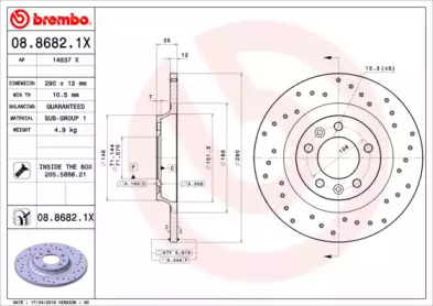 BREMBO 0886821x -  Диск тормозной перфорированный