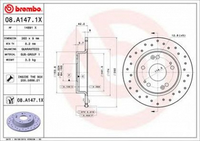 BREMBO 08a1471x -  08.A147.1X_ДИСК ТОРМОЗНОЙ ЗАДНИЙ! ПЕРФОРИРОВАННЫЙ