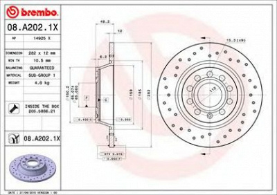BREMBO 08a2021x -  08.A202.1X_ДИСК ТОРМОЗНОЙ ЗАДНИЙ! ПЕРФОРИРОВАННЫЙ