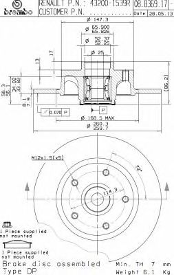 BREMBO 08b36917 -  Диск тормозной, комплект с подшипником и кольцом abs