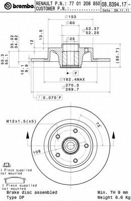 BREMBO 08b39417 -  Тормозной диск
