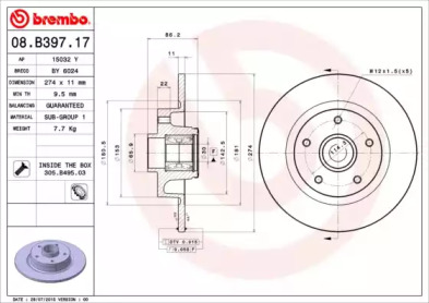 BREMBO 08b39717 -  ДИСК ТОРМОЗНОЙ ЗАДНИЕ RENAULT FLUENCE (L30) 02/10-