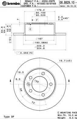 BREMBO 08b82910 -  Тормозной диск