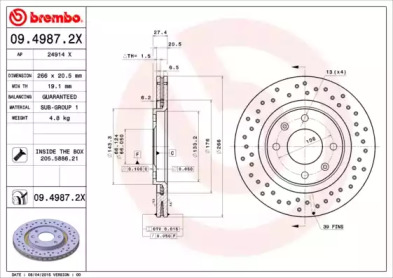 BREMBO 0949872x -  Диск тормозной вентилируемый, перфорированный
