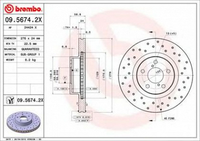 BREMBO 0956742x -  09.5674.2X_ДИСК ТОРМОЗНОЙ ПЕРЕДНИЙ! ПЕРФОРИРОВАННЫ