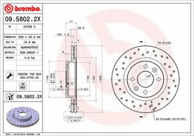 BREMBO 0958022x -  09.5802.2X_ДИСК ТОРМОЗНОЙ ПЕРЕДНИЙ! ПЕРФОРИРОВАННЫ