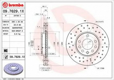 BREMBO 0976291x -  09.7629.1X_ДИСК ТОРМОЗНОЙ ПЕРЕДНИЙ! ПЕРФОРИРОВАННЫ