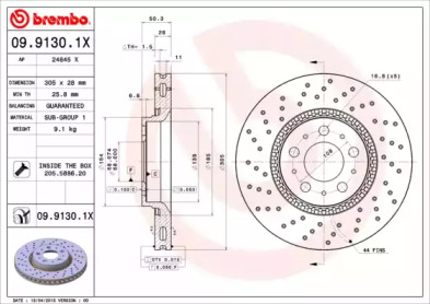 BREMBO 0991301x -  Диск тормозной вентилируемый, перфорированный