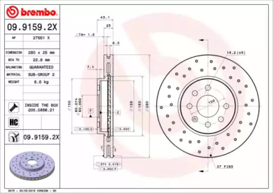 BREMBO 0991592x -  Диск тормозной вентилируемый, перфорированный