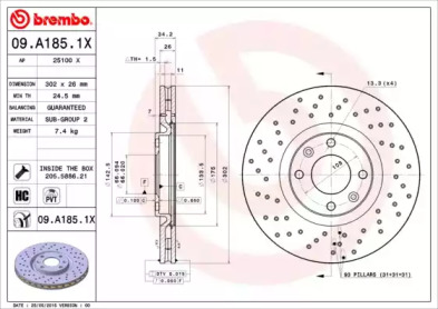 BREMBO 09a1851x -  Диск тормозной вентилируемый, перфорированный
