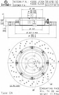 BREMBO 09a19013 -  Тормозной диск