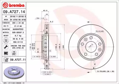 BREMBO 09a72711 -  Диск тормозной вентилируемый