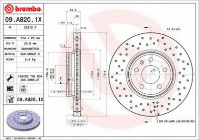 BREMBO 09a8201x -  09.A820.1X_ДИСК ТОРМОЗНОЙ ПЕРЕДНИЙ! ПЕРФОРИРОВАННЫ