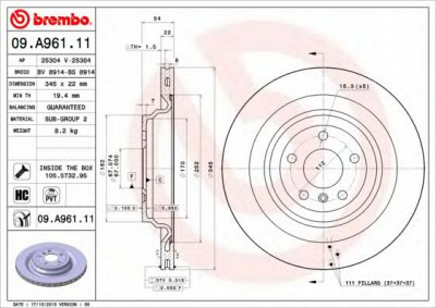 BREMBO 09a96111 -  ДИСК ТОРМ. ОКРАШ. RE D=345ММ MB ML(W166) 11-