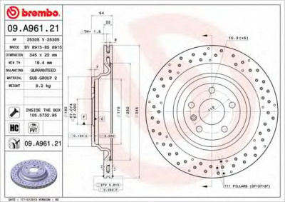 BREMBO 09a96121 -  Диск тормозной вентилируемый, перфорированный