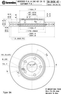 BREMBO 09b43641 -  Тормозной диск