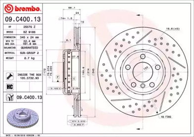 BREMBO 09c40013 -  Диск тормозной вентилируемый|Перфорированный|С насечками