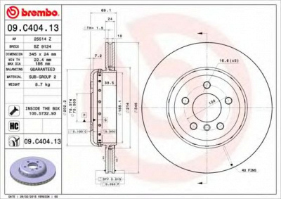 BREMBO 09c40413 -  ДИСК ТОРМОЗНОЙ RE BMW 5(F10,F18), 6, 7(F01) 10-