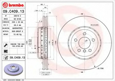 BREMBO 09c40913 -  ДИСК ТОРМОЗНОЙ FR BMW 5(F10,F18), 6, 7(F01) 10-