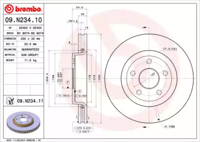 BREMBO 09n23411 -  Диск тормозной вентилируемый