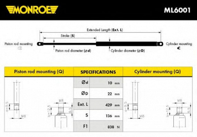 MONROE ml6001 -  Газовая пружина, крышка багажник