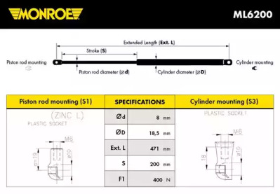 MONROE ml6200 -  Газовая пружина, крышка багажник