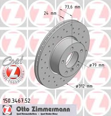 ZIMMERMANN 150346752 -  Диск тормозной вентилируемый, перфорированный